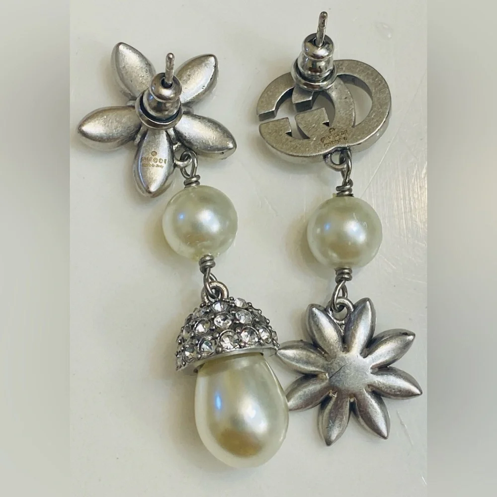 Mismatched Gucci 925 Silver Crystal & Pearl Asymmetrical Drop Earrings - Picture 2 of 6